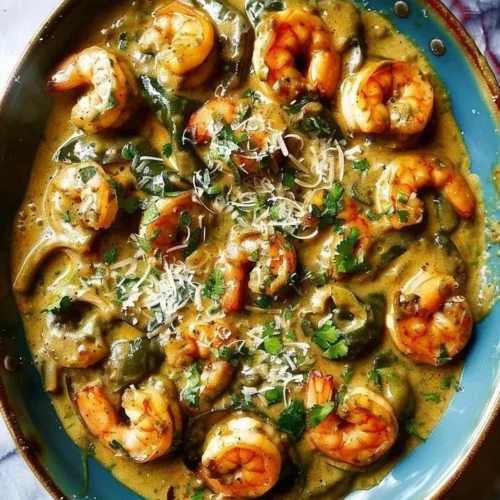 Creamy shrimp poblano dish with shrimp and poblano peppers in a creamy sauce
