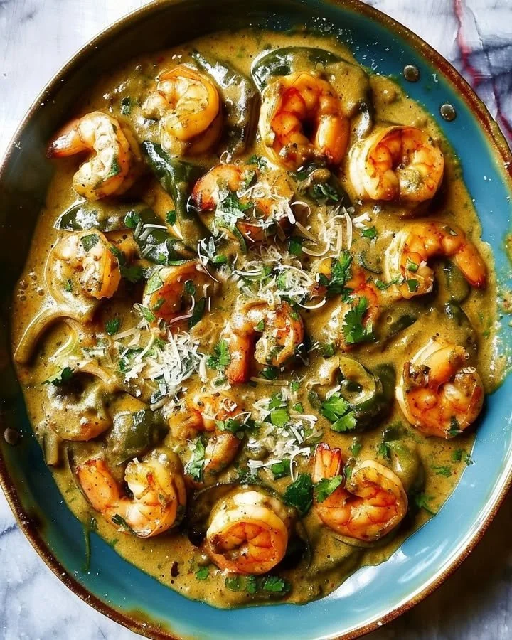 Creamy shrimp poblano dish with shrimp and poblano peppers in a creamy sauce