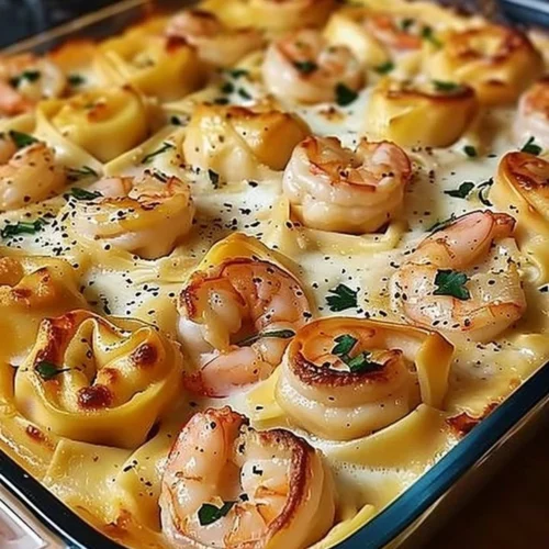 Creamy shrimp tortellini alfredo casserole with a rich cheese sauce.
