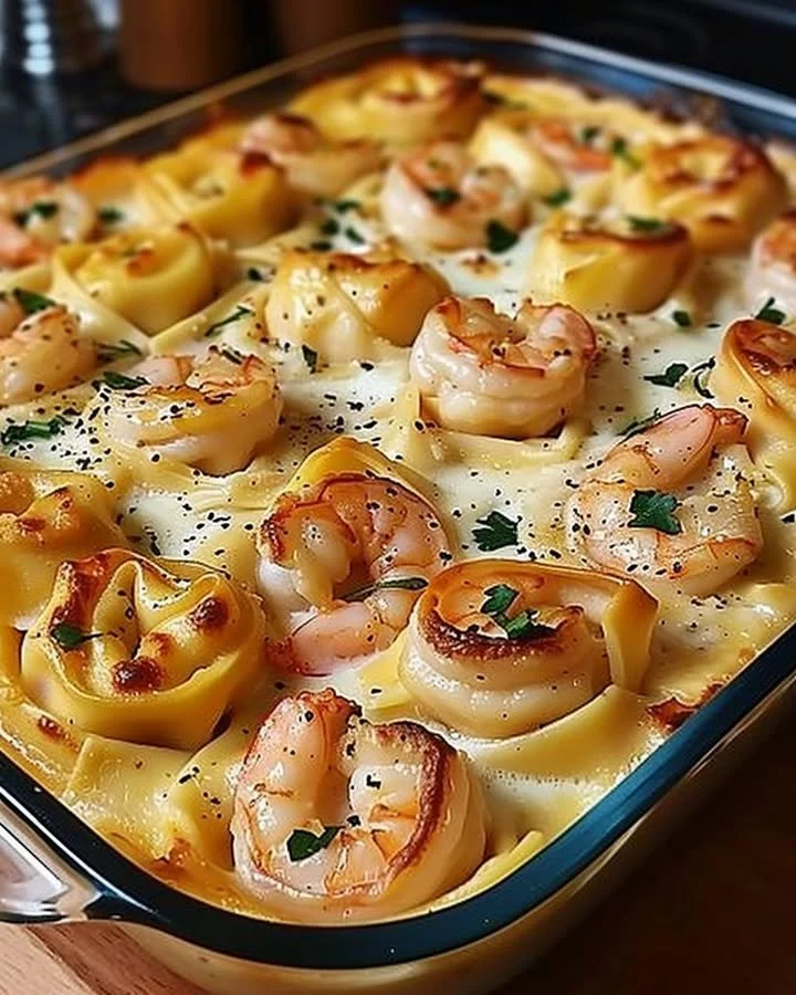 Creamy shrimp tortellini alfredo casserole with a rich cheese sauce.
