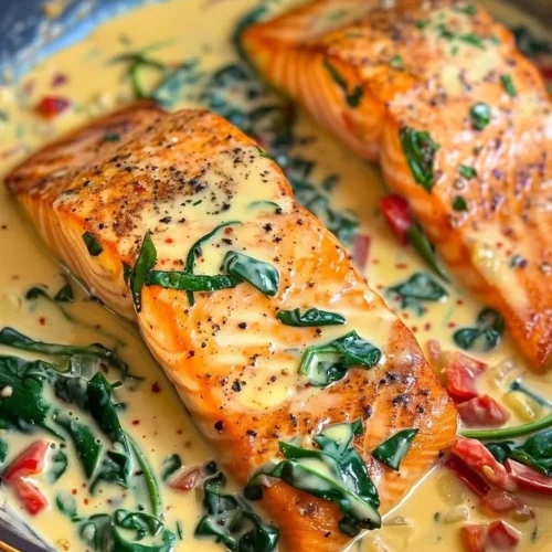 Creamy salmon with spinach, red pepper, and parmesan in a delicious dish