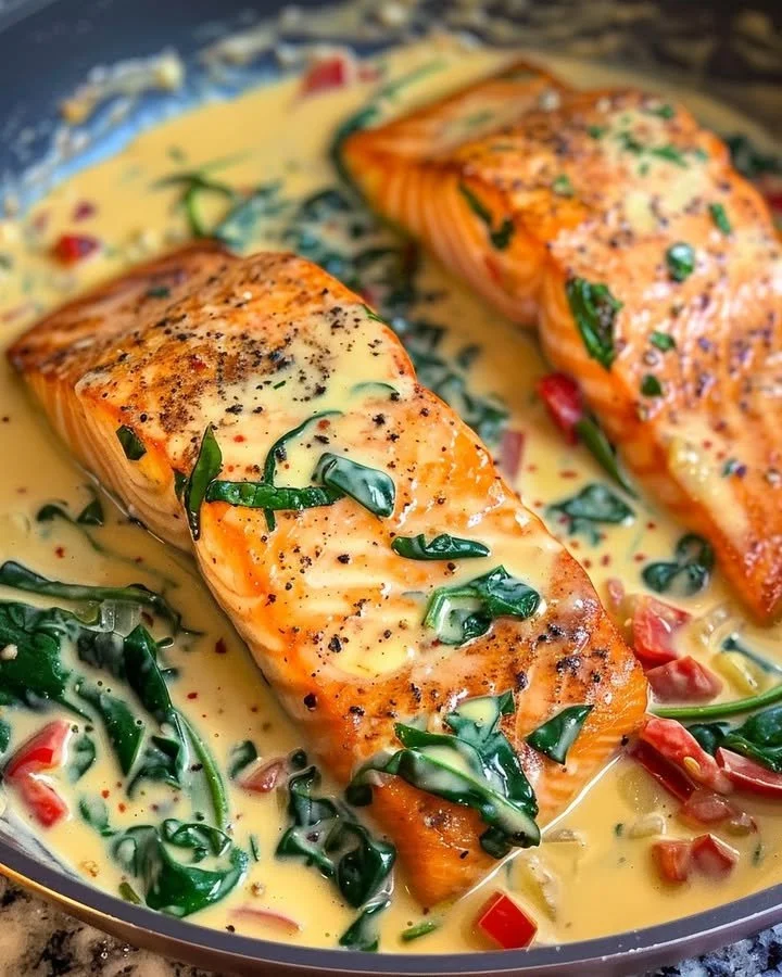 Creamy salmon with spinach, red pepper, and parmesan in a delicious dish