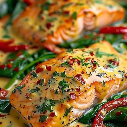 Creamy spinach and roasted red pepper salmon dish garnished with herbs