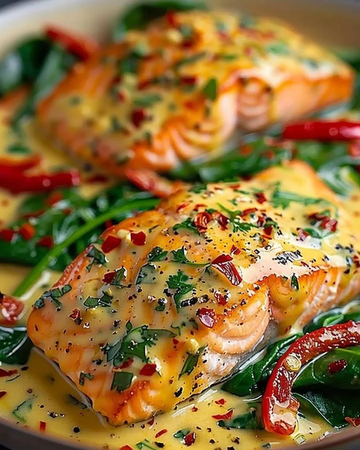 Creamy spinach and roasted red pepper salmon dish garnished with herbs