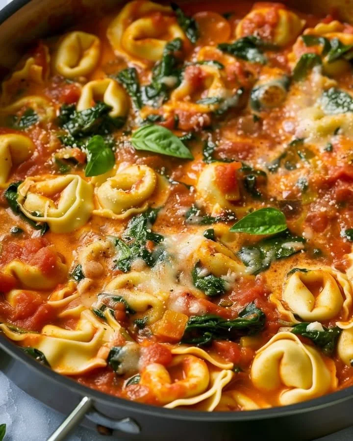Creamy Tomato Basil Tortellini Skillet with fresh basil and tomatoes