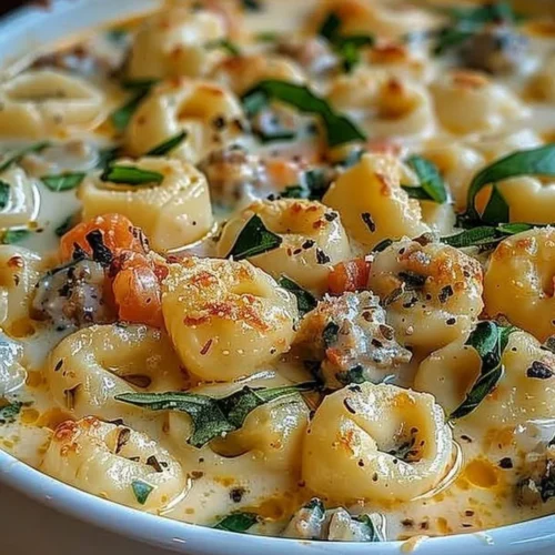 Creamy Tortellini Alfredo Casserole topped with cheese and herbs in a baking dish