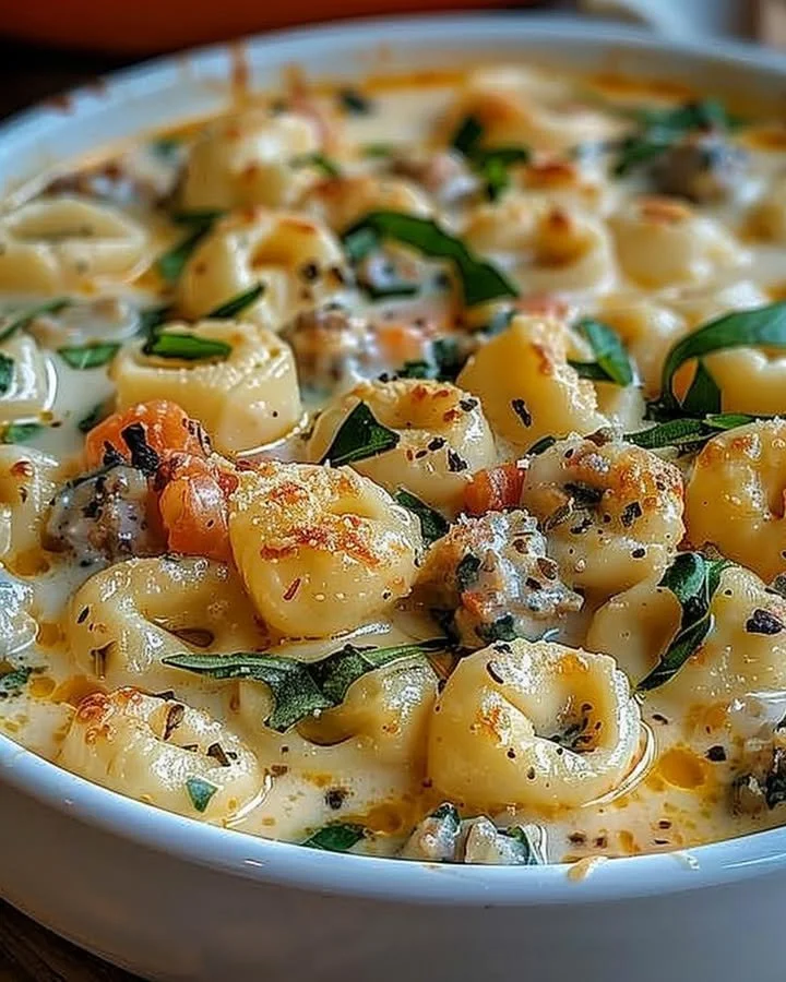 Creamy Tortellini Alfredo Casserole topped with cheese and herbs in a baking dish