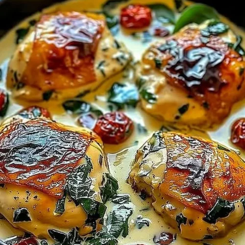 Creamy Tuscan chicken thighs cooked in one pan with herbs and vegetables