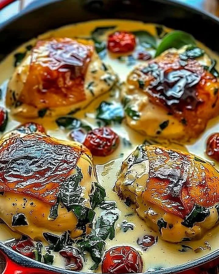 Creamy Tuscan chicken thighs cooked in one pan with herbs and vegetables