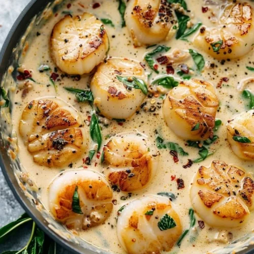 Plate of creamy Tuscan garlic scallops garnished with herbs