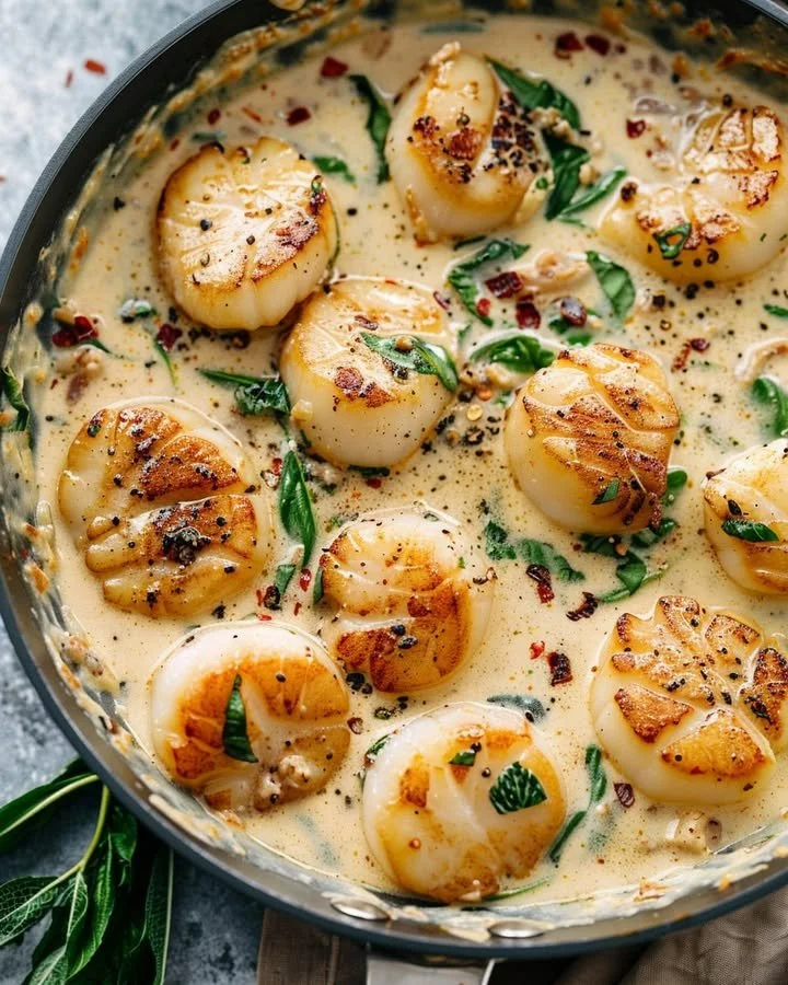 Plate of creamy Tuscan garlic scallops garnished with herbs