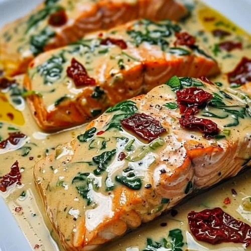 Delicious creamy Tuscan salmon dish garnished with herbs and served in a skillet.