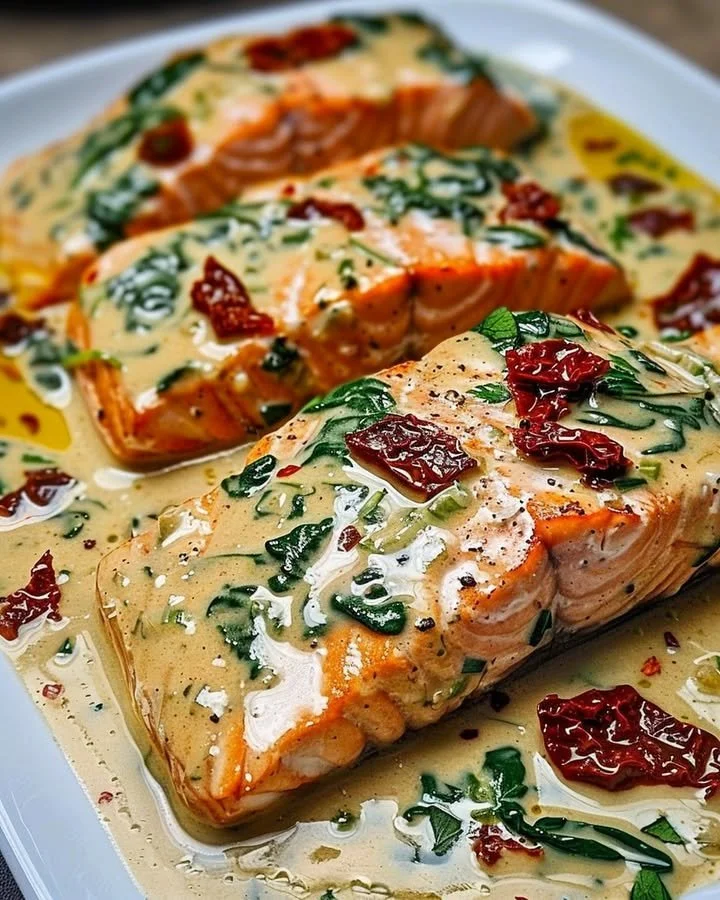 Delicious creamy Tuscan salmon dish garnished with herbs and served in a skillet.