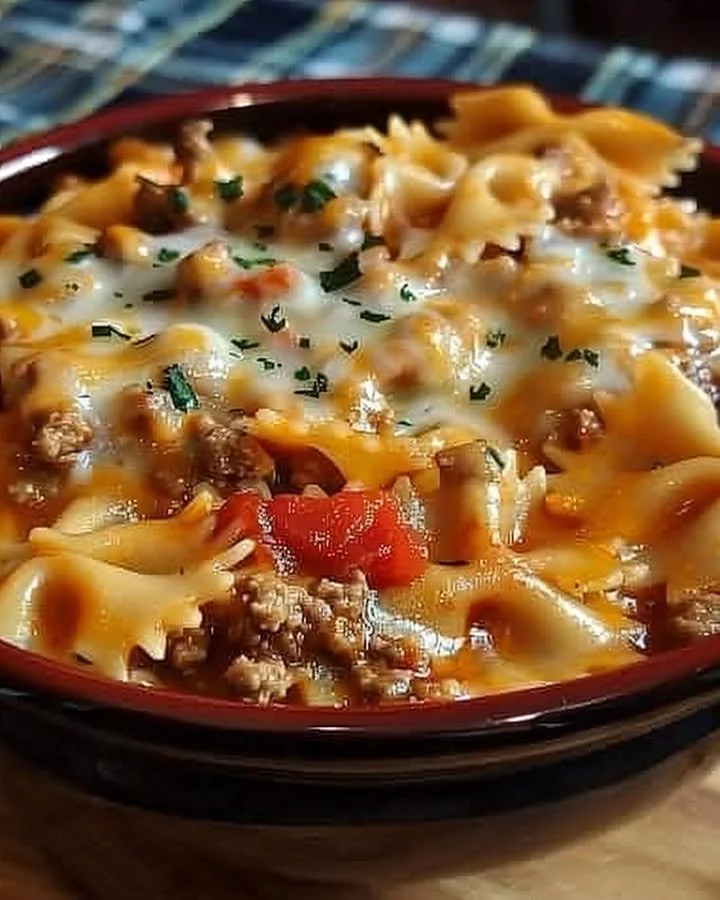Creamy Velveeta and ground beef bowtie pasta in a bowl