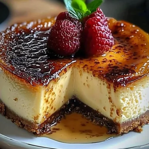Delicious creme brulee cheesecake topped with caramelized sugar crust