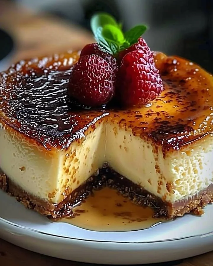 Delicious creme brulee cheesecake topped with caramelized sugar crust