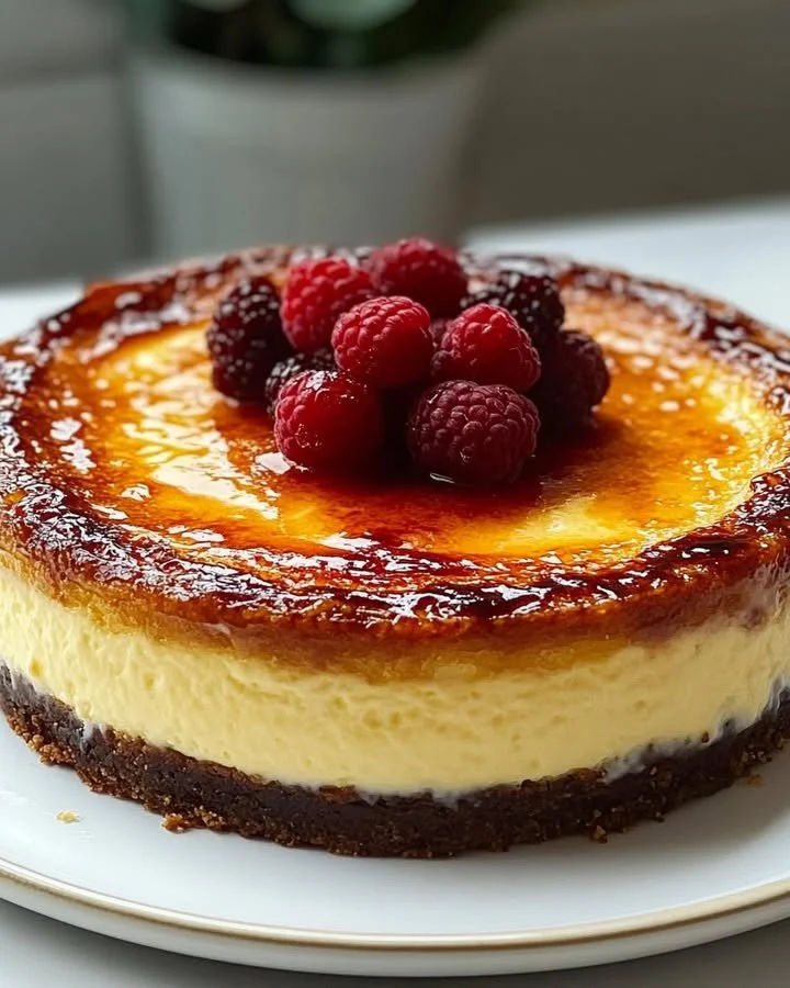 Delicious Crème Brûlée Cheesecake topped with caramelized sugar crust