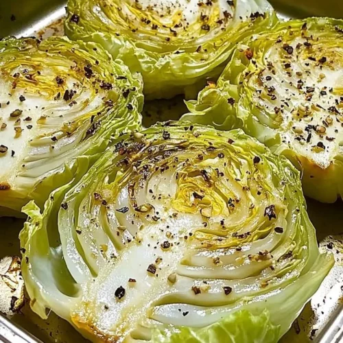 Crispy baked cabbage steaks on a plate, garnished with herbs