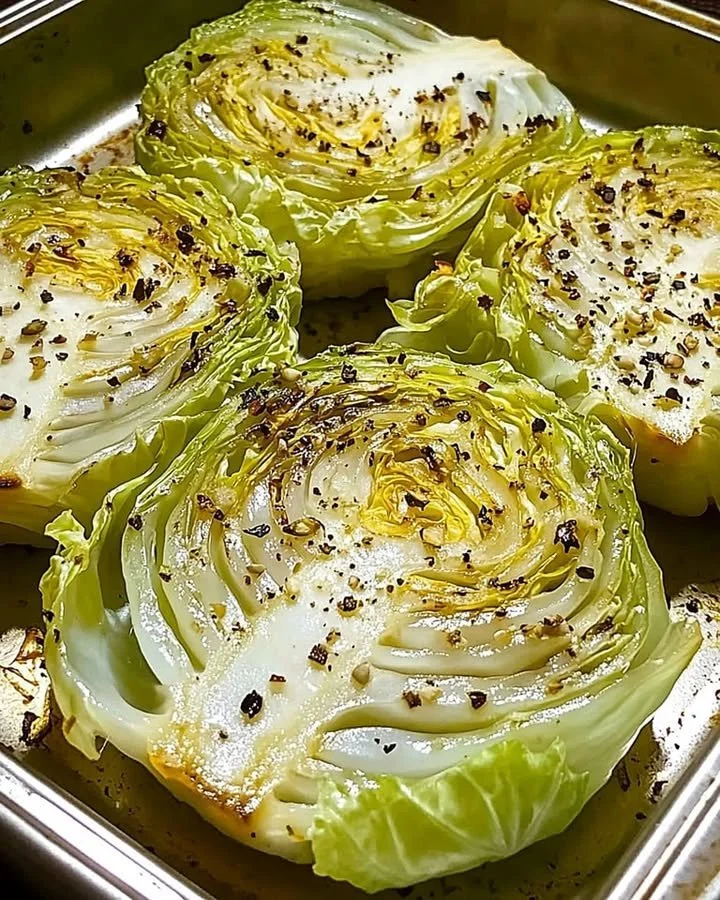 Crispy baked cabbage steaks on a plate, garnished with herbs