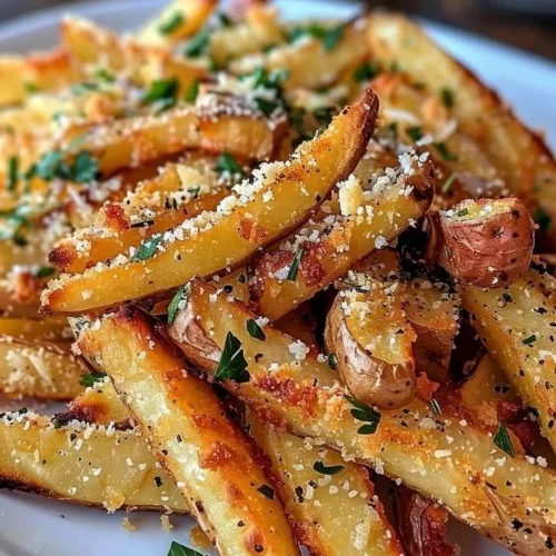Plate of crispy baked parmesan garlic fries topped with herbs and cheese