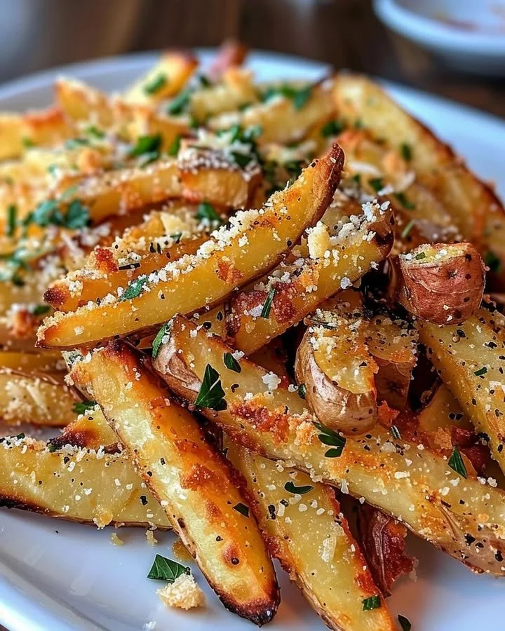 Plate of crispy baked parmesan garlic fries topped with herbs and cheese