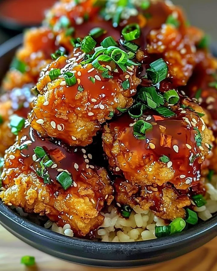 Crispy Bang Bang Chicken served with a spicy sauce and garnished with scallions.