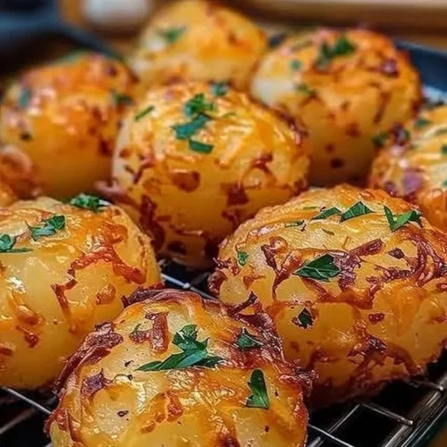 Crispy cheesy garlic butter potato bombs served on a plate