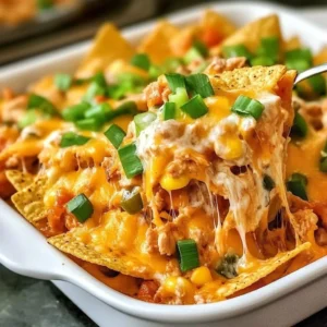 Delicious crispy chicken nacho bake topped with cheese and jalapeños
