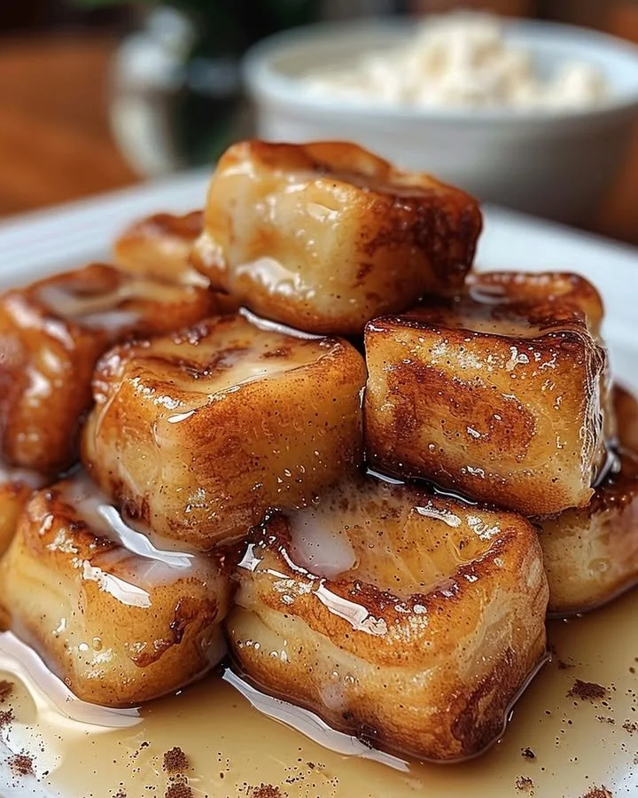 Crispy cinnamon roll French toast bites topped with sweet maple glaze