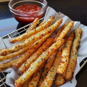 Crispy golden parmesan potato fries on a plate