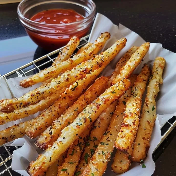Crispy golden parmesan potato fries on a plate