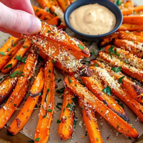 Crispy Parmesan-Gilded Carrot Fries served with a dip