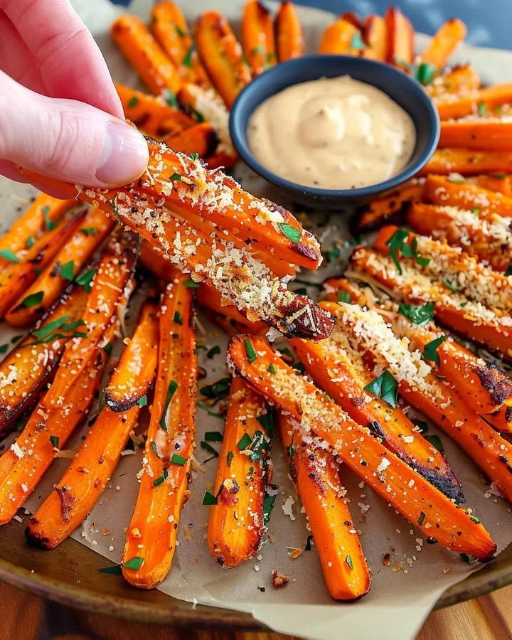 Crispy Parmesan-Gilded Carrot Fries served with a dip