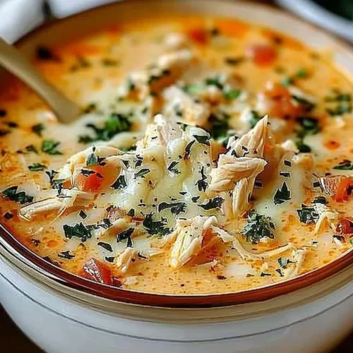 Bowl of creamy chicken parmesan soup made in a crock pot