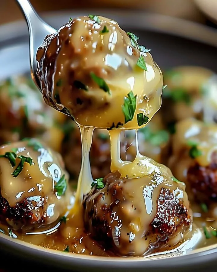 Delicious Crock Pot French Onion Meatballs served with melted cheese