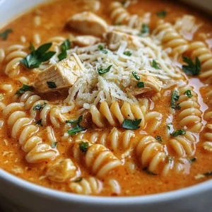 A bowl of Crockpot Chicken Parmesan Soup with fresh basil and cheese on top.