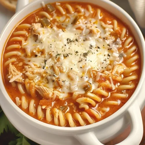 Crockpot Chicken Parmesan Soup in a bowl topped with parsley