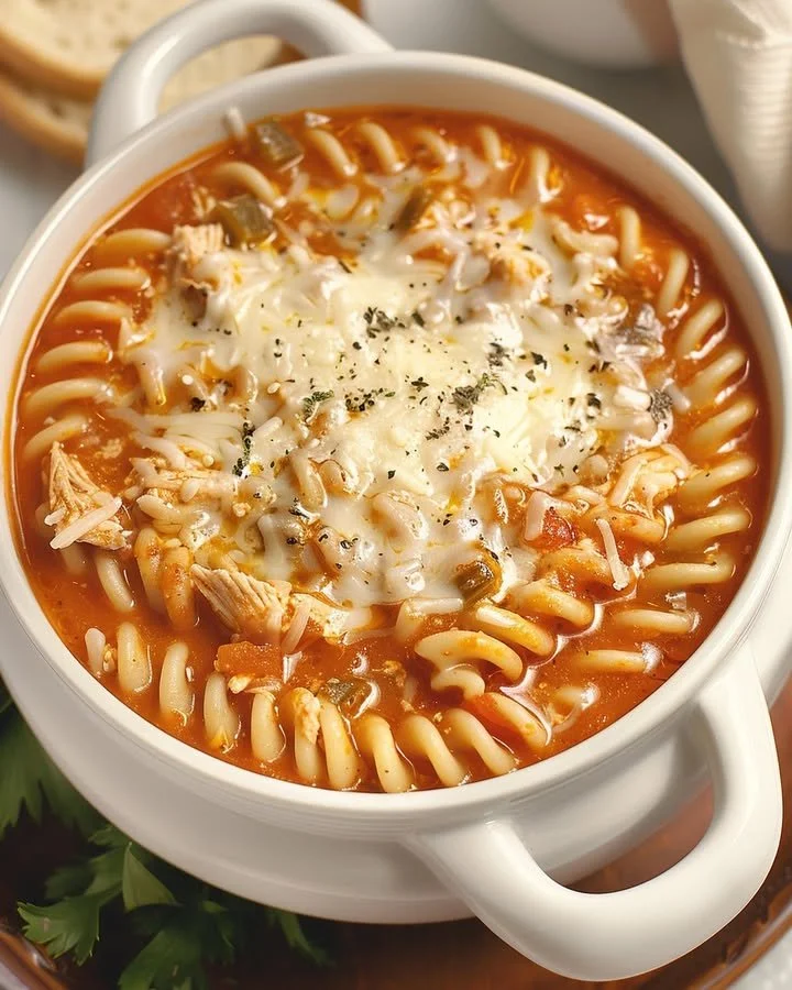 Crockpot Chicken Parmesan Soup in a bowl topped with parsley