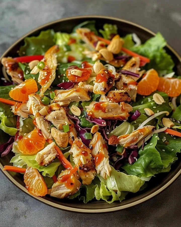 Delicious Crunchy Asian Chicken Salad with colorful vegetables and chicken.