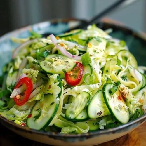 Cucumber and Chinese cabbage salad in a bowl with vibrant vegetables.