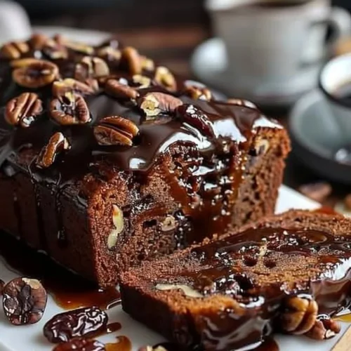 Delicious date coffee loaf cake with walnuts and espresso glaze on a plate