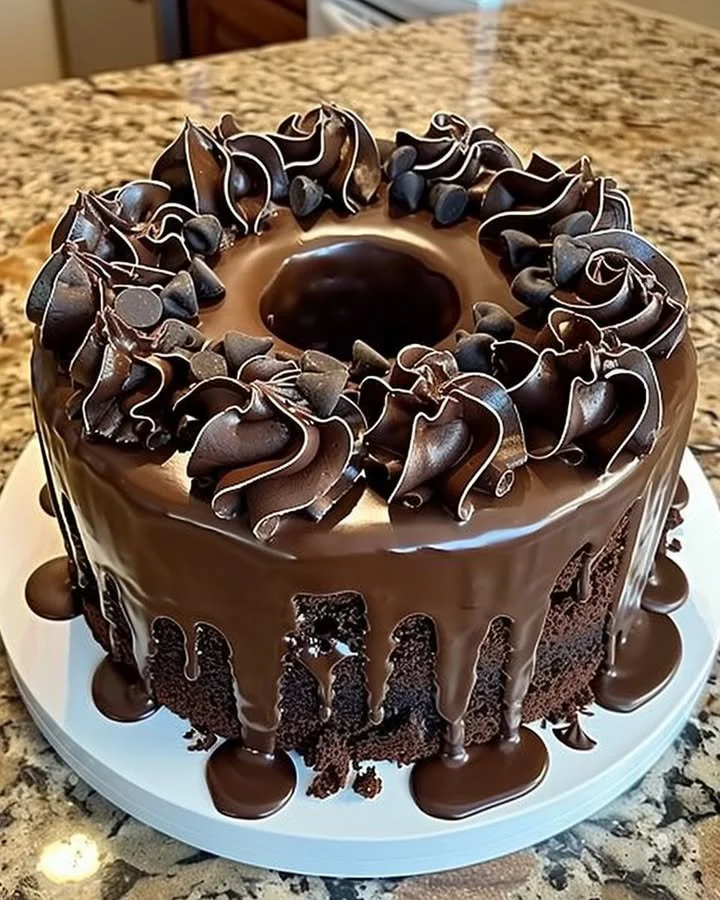 A slice of Death by Chocolate Cake topped with chocolate ganache and shavings