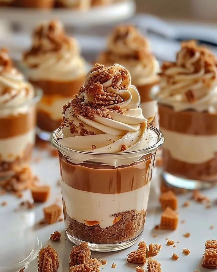 Decadent Biscoff layered cheesecake cups dessert in glass