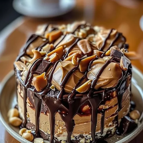 Decadent chocolate peanut butter dessert on a plate