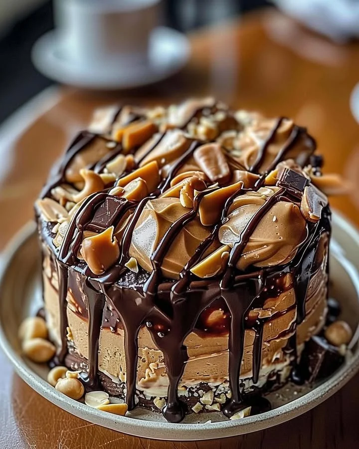 Decadent chocolate peanut butter dessert on a plate