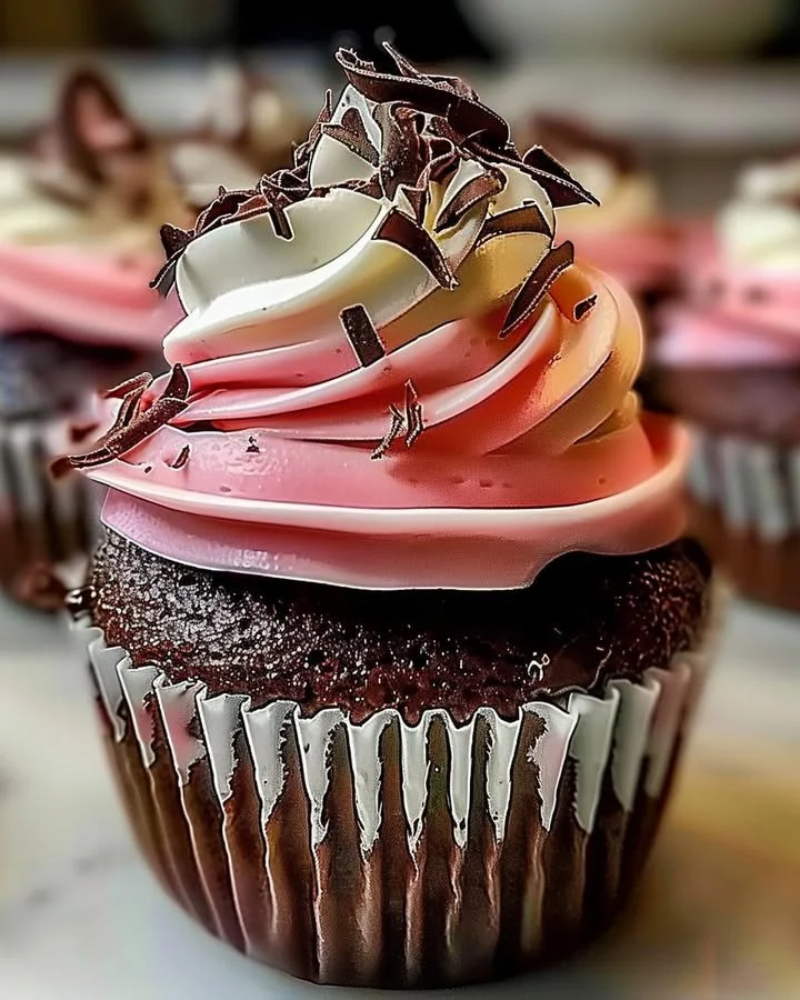 Decadent Neapolitan cream cupcakes with chocolate, vanilla, and strawberry layers.