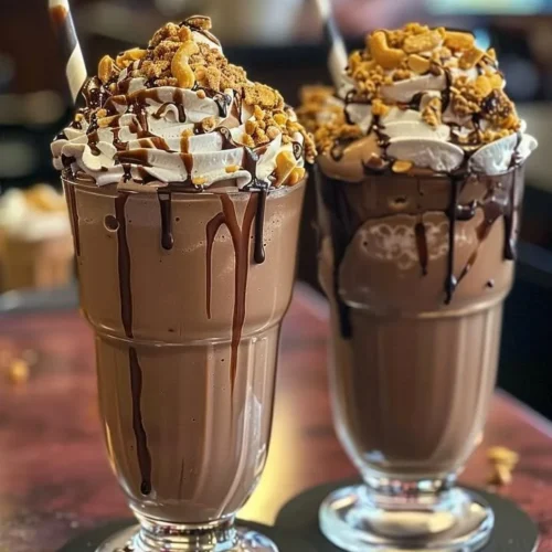 Decadent peanut butter chocolate milkshake with whipped cream topping