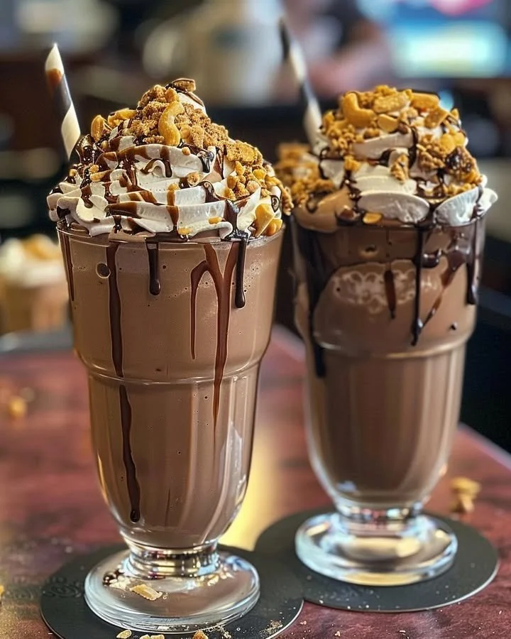 Decadent peanut butter chocolate milkshake with whipped cream topping