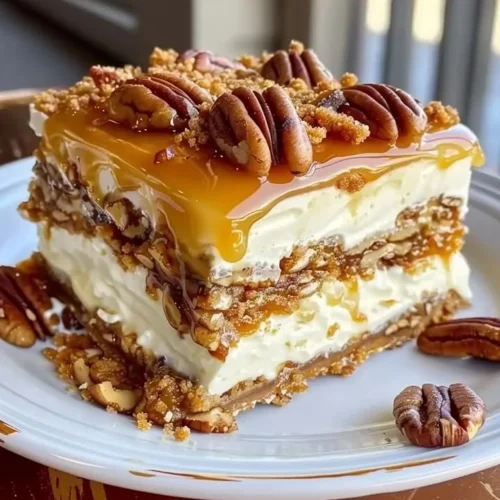 Decadent pecan pie lasagna with cream cheese and caramel layers on a plate