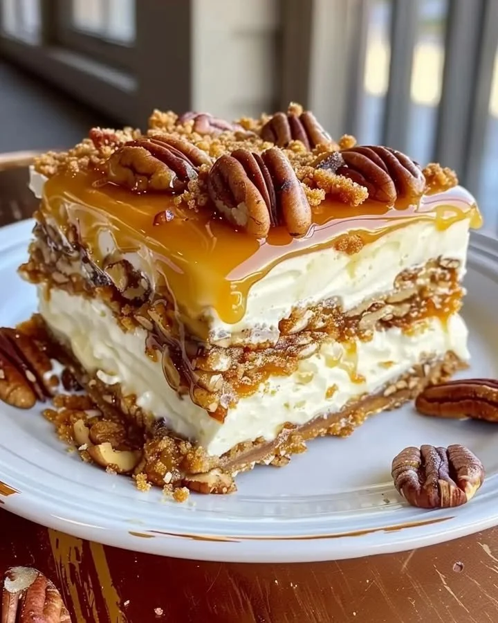 Decadent pecan pie lasagna with cream cheese and caramel layers on a plate